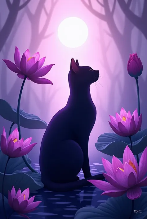 Create an image of a cat silhouette with a lotus flower in purple with lilac, with several lotus flowers in the background 