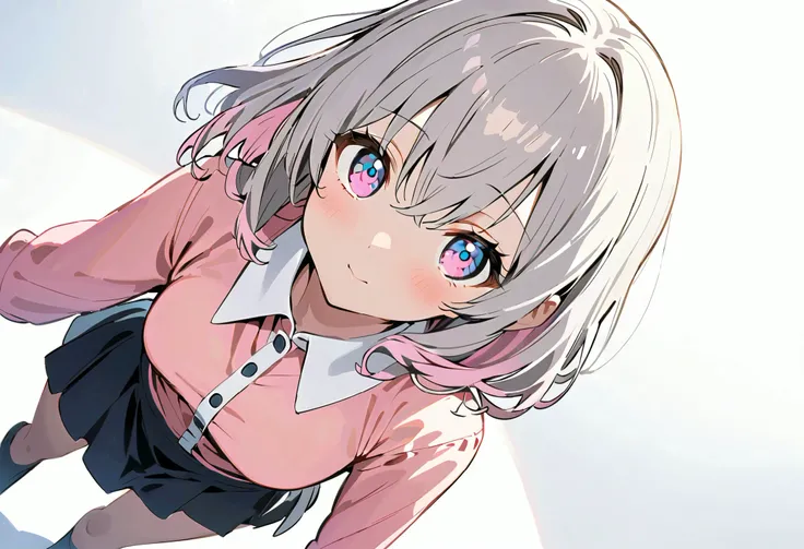 、{{{masterpiece}}}, {{{ top quality}}}, {{ super detailed}}, {beautiful detailed eye}, 1 girl, Alone, ((Grey Hair)),(bangs), angle from above、 looks up, girl ,Midea,eye、 dynamic angle 、Long Grey Hair、 pink tips 、Alone、 medium hair 、白い medium...