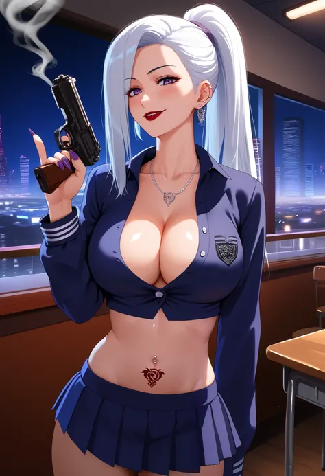 score_9,score_8_up,score_7_up,score_6_up, meimeijjk,  source_anime, 1girl, smile, looking at viewer, ponytail, purple nails, long fingernails, earrings, red lips, large breasts, ear piercing, long hair, blush, lipstick,Hot girl, baddie, smoking, sensual, a...