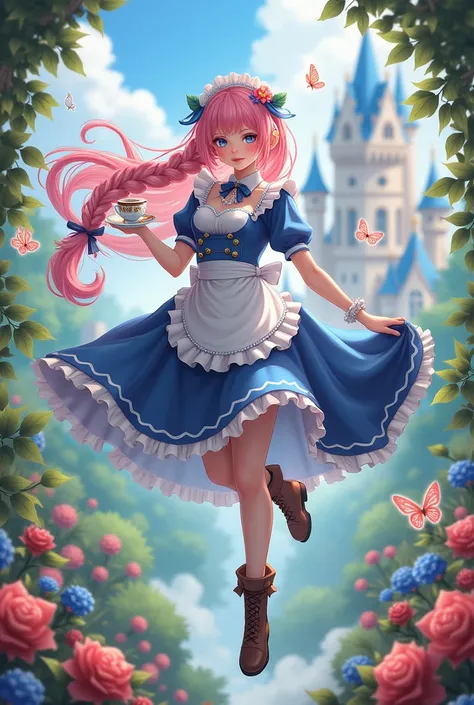 RPG character, fantasy game art, 1girl, long braided pink hair, flower hair ornament, blue maid outfit with frills and checkered patterns, classic brown boots, holding ornate teacup and teapot, floating butterflies and magical tarot-like cards, elegant and...