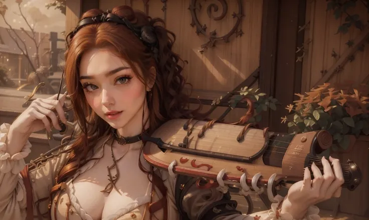 fantasy, realistic. close up. ((red-haired:1.5)), ((one classy stunning gorgeous female high-class bard:1.5)), ((light brown eyes:1.5)), happy, wearing expensive feminine clothing, carrying a lyre, looking straight ahead at the camera.