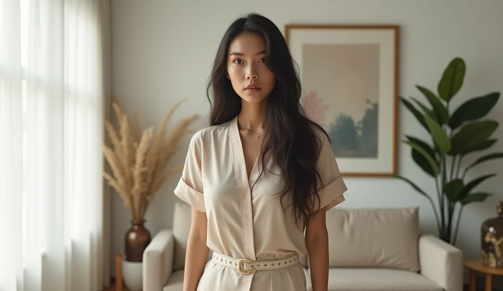 {
"prompt": "A 30-year-old Indonesian woman with dark long hair, wearing a stylish modern outfit, standing in a contemporary living room with soft lighting. The woman has a serious expression on her face, looking directly at the camera. The background feat...