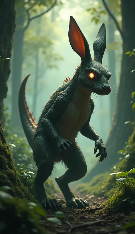 "A terrifying hybrid creature combining the features of a rabbit and a Komodo dragon in a dense forest setting. The creature has the muscular, scaled body of a Komodo dragon with sharp claws and a long tail, but its head and ears resemble a twisted version...