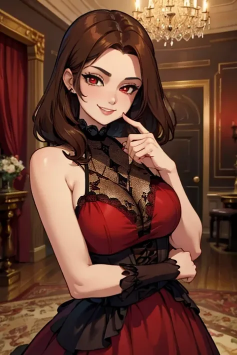 Perfect face. Perfect hands. A brown haired woman with red eyes in a Gothic red gown is smiling in a Gothic ballroom. 