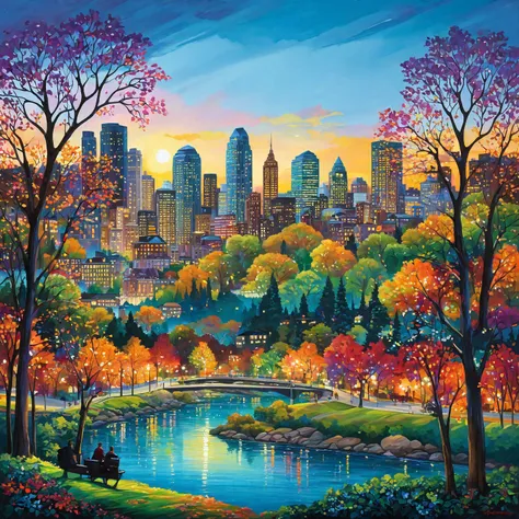 painting of a cityscape with a river and trees in the foreground, colorful city, colorful trees, day cityscape, spring season city, city of pristine colors, city scape, forest setting with skyscrapers, beautiful cityscape, city landscape, city lights made ...