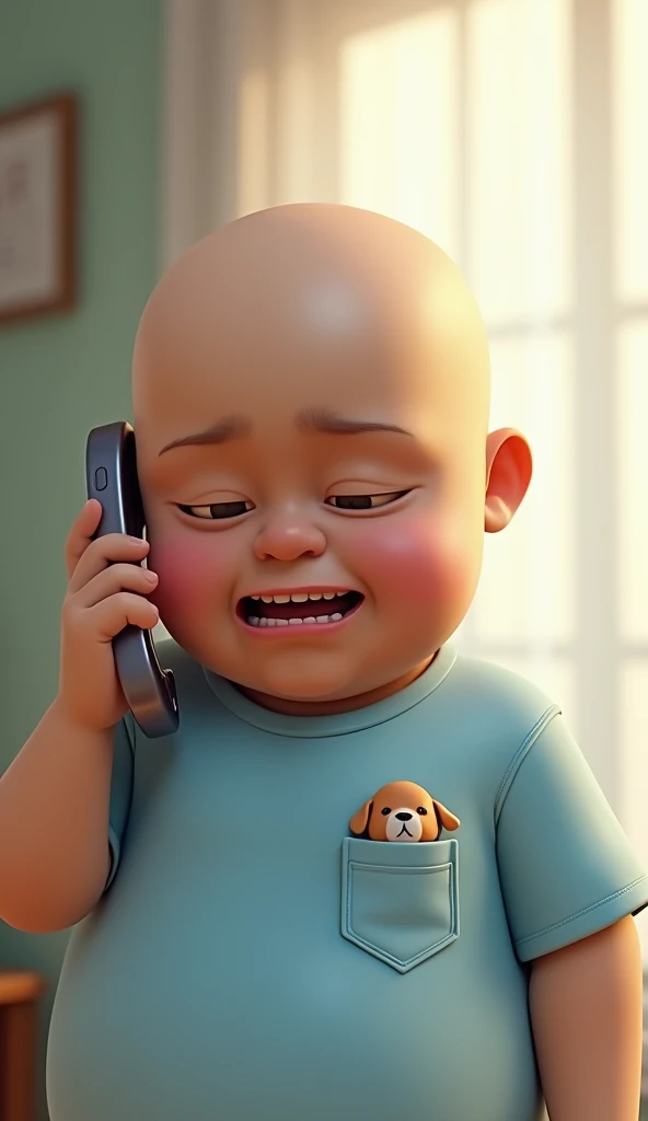 Semi-realistic 3D animation of an indonesian malay etnicity  boy,  obese with excessive fat and bald head exaggerated features. The boy has pale skin and bald head, giving a humorous expression. They are holding a phone to their ear with a slightly open mo...