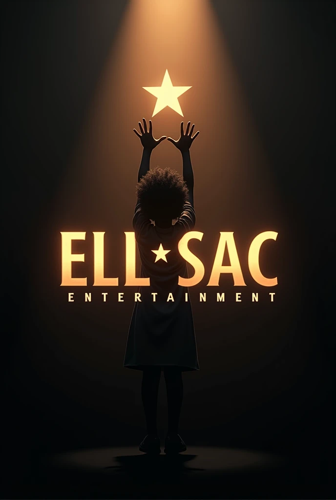 (photorealism:1.2), logo Ell-Sac Entertainment, star icon inbetween Ell and Sac, upper half of a little black girl with afro hair with back facing front, both her hands stretched up to star icon, rays of light shinning on letters. make it cinematic and the...