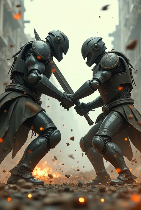  Josep Pedrerol in a dystopian future fighting to the death in a battle against Siro López,with big swords and futuristic armor made of debris 
