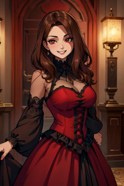 Perfect face. Perfect hands. A brown haired woman with red eyes in a Gothic red gown is smiling in a Gothic ballroom.
