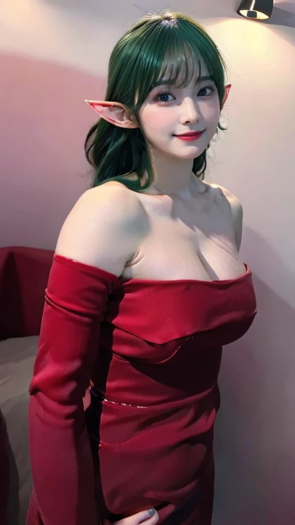  ((masterpiece,best quality,ultra-delicate,Perfect Face,16k,very detailed eyes,high resolution,very beautiful girl,sharpness,raw photo,18 years old)),bright green color hair:2.0,Red strapless bodycon tube dress with huge red bow on the back:2.0,Red long ar...