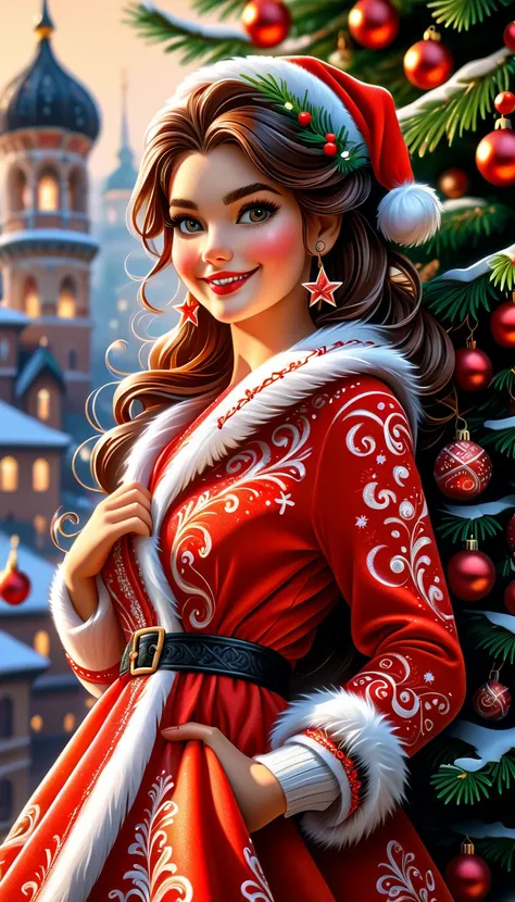 Best quality, realistic gouache illustration with thin black lines, lateral point of view of a european woman, straight hair, beautiful face, smiling, crossed arms, wearing sparkling red and white fashion santa claus jacket, red and white fitted shouderles...