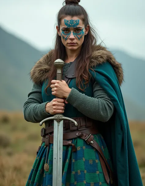  Viking woman wearing an Irish skirt in green and blue squares, Hold a sword her face is painted with blue lines .