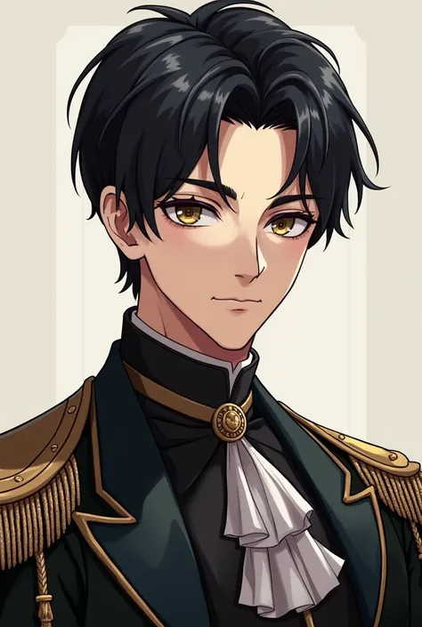 A black-haired prince with asabaches-colored eyes handsome  with short hair