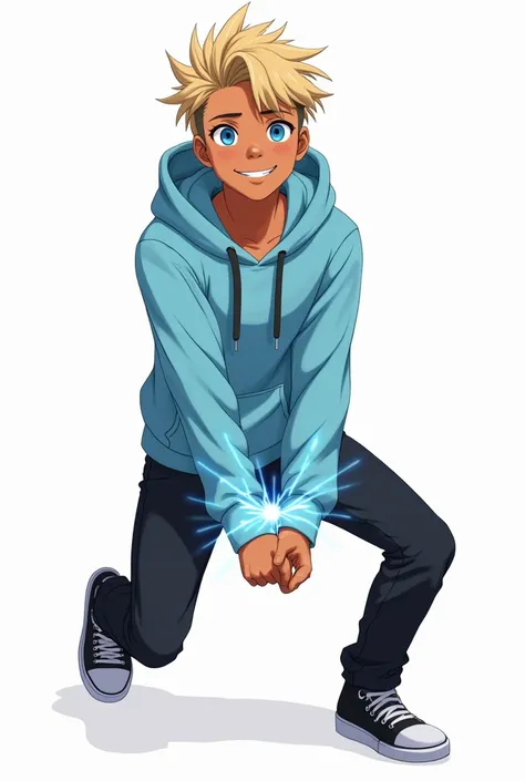  Brown-skinned boy nearly tall young adult with stylish hair brushed to the left in gold, Blue Eyes,simple almost light blue hooded sweatshirt with black laces ,black dins pants ,black sneakers, adventurous smile , in battle position ,on white canvas , wit...