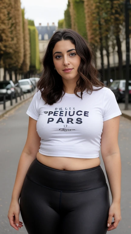 (meilleure qualité) 1 fille, Dina, Latino, se tenant seul, regardant le spectateur, gros plan des cuisses, Coiffure longue, t-shirt écrit PARIS, Legging, yeux grands, lèvres détaillées, réaliste, par Lorène