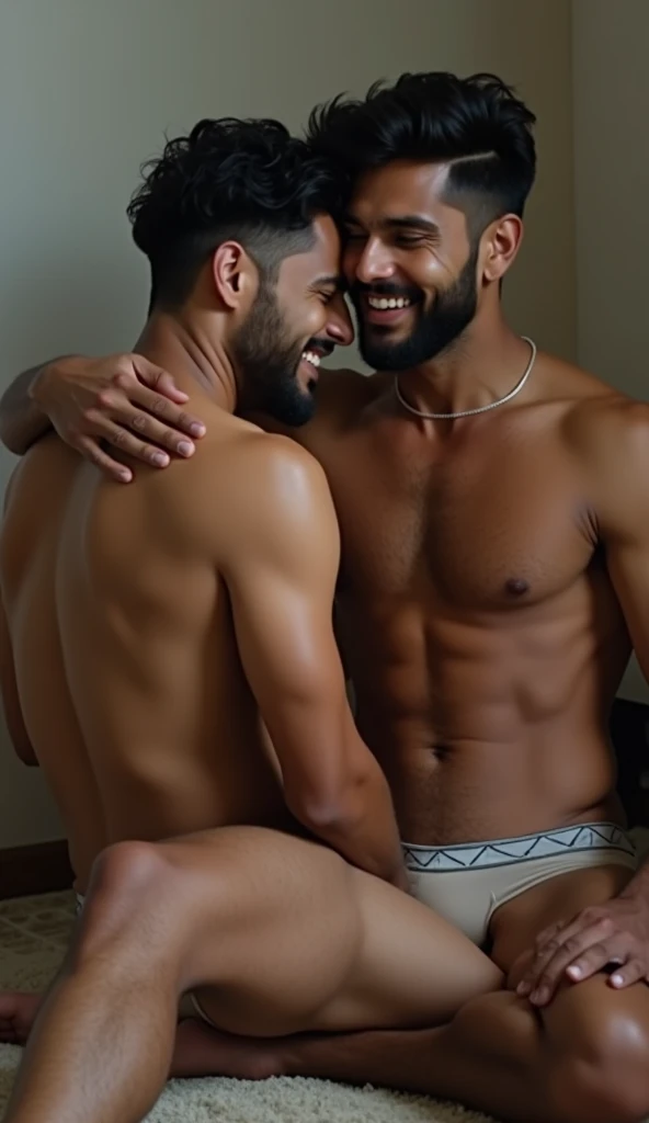 (Two hot indian  men  sitting on floor, wearing transparent brief ,one man sitting on floor other cuddling him while sitting on one men lap and showing his back ,, smiling, extremely detailed facial features, beautiful eyes, sharp focus, realistic, photore...