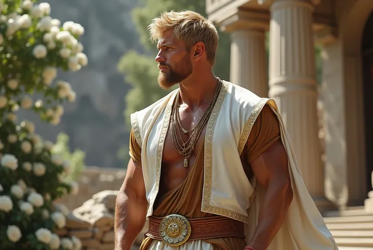  realistic a blond Greek god with a muscular constitution and a short beard., HDR-10.,   Designed with modern Western attire , profile,  He has a brown shirt of different colors and jeans of different colors  ,  strong and muscular legs, large lump.. real,...