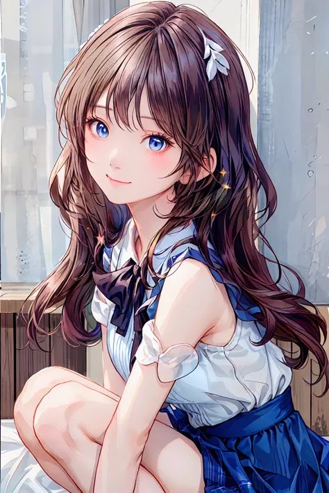 ( s)， top quality，  Beautiful Faces in Every Detail  ，cute， dark brown eyes，(背の低いcute女の子，Young student，Young and delicate girl）,（masterpiece， top quality)， black hair， sleepy look after intercourse， short-sleeved white shirt ，Checkered white skirt，Pathetic...