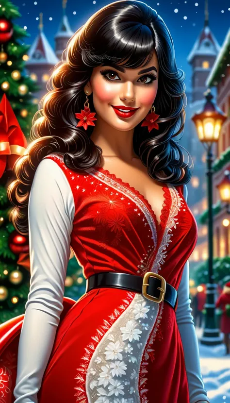 Best quality, realistic acrylic illustration in high definition, brazilian woman in vintage dressed style, straight black hair, bangs, beautiful face, red lips, looking to observer, ((wearing red and white santa claus fitted slit dress, brown tights)), smi...