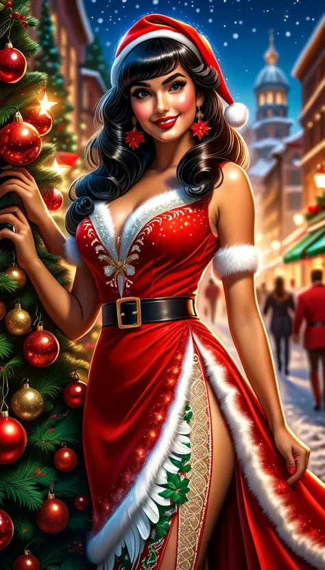 Best quality, realistic acrylic illustration in high definition, brazilian woman in vintage dressed style, straight black hair, bangs, beautiful face, red lips, looking to observer, ((wearing red and white santa claus fitted slit dress, brown tights)), smi...