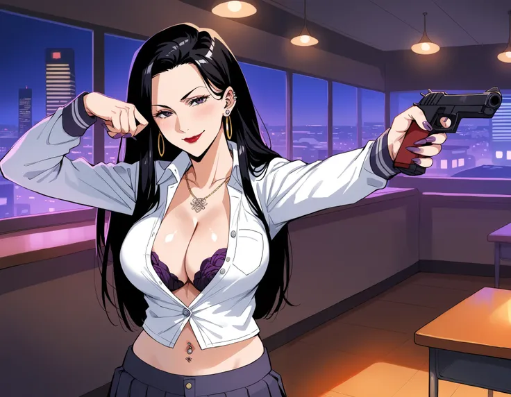 score_9, score_8_up, score_7_up, score_6_up, score_5_up, score_4_up, BREAK source_anime, 1girl, mature female, slim figure, solo, ChopioMeiMei, black hair, looking at viewer, purple nails, long fingernails, earrings, red lips, large breasts, ear piercing, ...