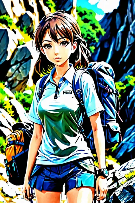 (1girl, anime style, UHD, best quality:1.5)adorable face, statuesque sexy body. She has shoulder-length hair. She is a hiker,  carrying expedition backpack, climbing rocky mountain. Anatomically Correct, depth of field