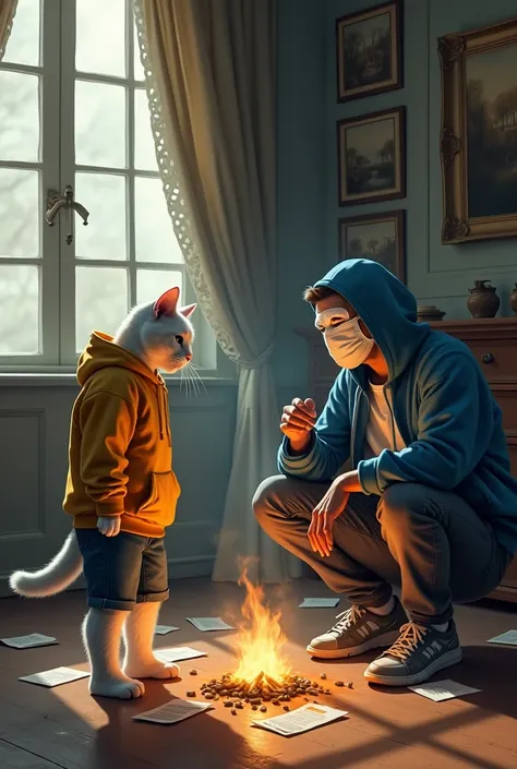 A white cat in a yellow hoodie blue jeans shorts standing next to a man in a blue hoodie a white mask is squatting smoking. Around them were scattered papers and a small fire on the floor, against the backdrop of a classic room with large windows and elega...