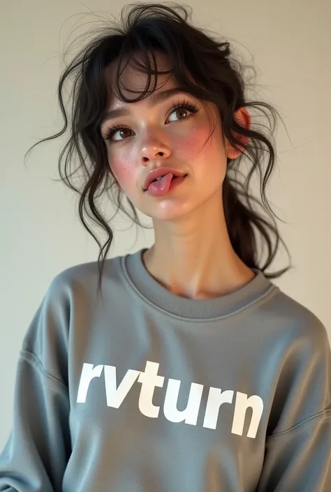 Femme avec des taches de rousseur qui tire la langue avec un sweat gris avec écrit en blanc en relief "RVTURN" en grand sur son pull,Rendu 3D