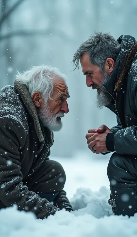 Generate an ultra realistic image. Imagine the scene... An old man, with an injury to his right eye, with white hair, very old clothes, with wrinkles and expression lines that further reveal his sadness and advanced age. The old man is kneeling in the snow...