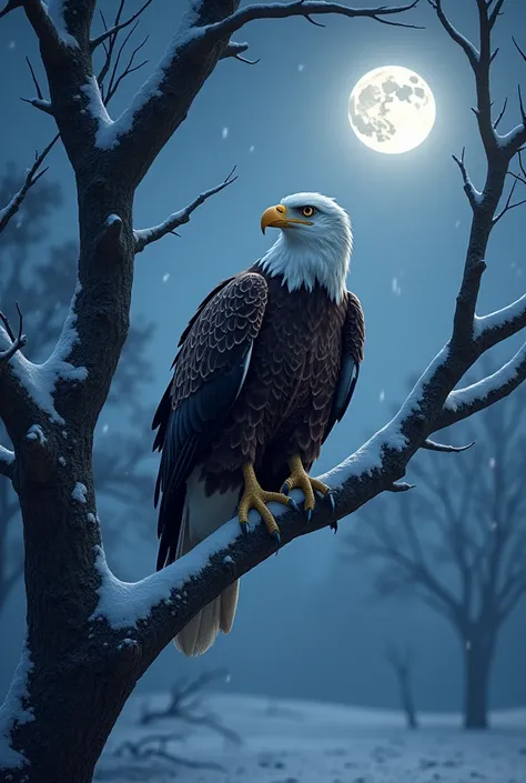 an Eagle that look so real on the tree at winter snow at night and look strong