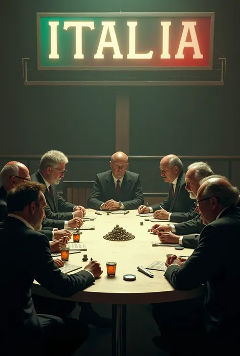  A large table where famous politicians are seated , doctors ,  lawyers ,  are playing a role-playing game about the lives of human beings,  a billboard with the words Italia ,  and a mafia scenario  