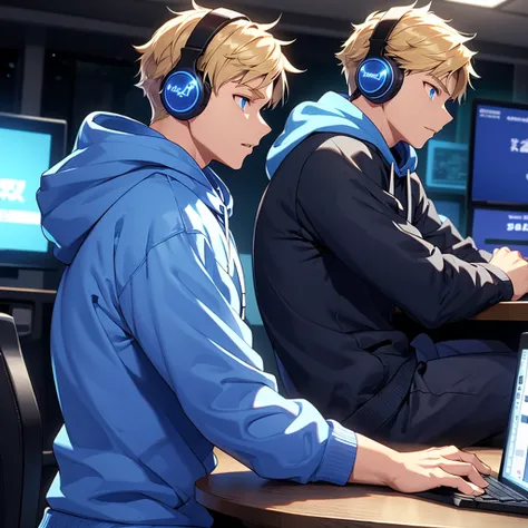 A blond-haired boy with blue eyes working at a gaming PC on a table, shown in side profile. He’s wearing large headphones and a blue hoodie.