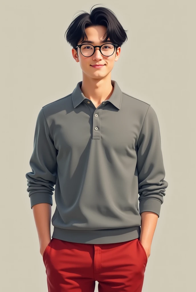 White boy, straight black hair with lenses with a long sleeve gray polo shirt and red pants 