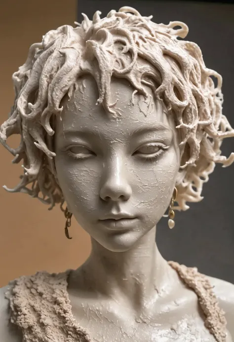 (best quality:1.2),ultra-light clay, clay, pottery, rough knit texture, anguish, dirty, mineral pigments, 3D clay sculpture art, clay sculpture, rough surface,((squirt:1.3)), steam punk, Golden Ratio, visible labia leaps, white woman afro look style hair,c...