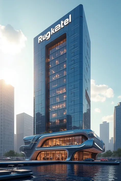 Futuristic building design with the logo RUSDHY HOTEL, Daytime, 