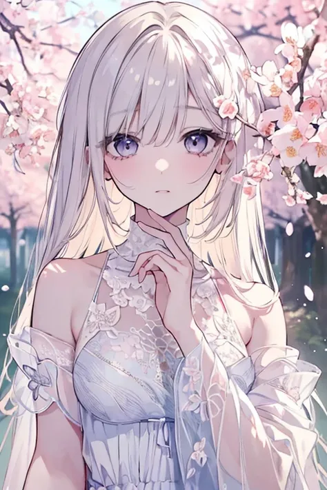 a beautiful detailed girl, 1girl, extremely detailed eyes and face, beautiful detailed lips, longeyelashes, elegant beautiful dress, petite slender figure, soft delicate skin, serene expression, surrounded by cherry blossom trees, blossoming spring garden,...