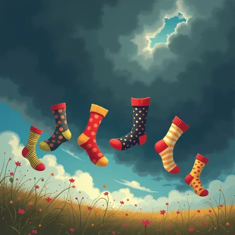 Under a stormy sky ,  colorful socks twirled in the wind before landing in the field.
