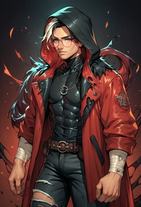  ,human Male , round Glasses ,(( hood up )), ((faceless)) , Torn red Coat  , Pants  , Black Clothing ,black face , Bandage  , Belt ,long Mess hair 