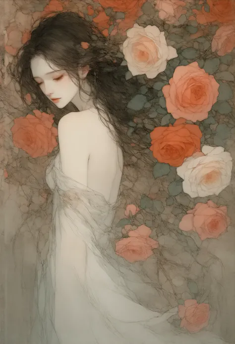 Colorful beautiful roses girl : Black ink flow: 8k resolution photorealistic masterpiece: by Aaron Horkey and Jeremy Mann: intricately detailed fluid gouache painting: by Jean Baptiste Mongue: calligraphy: acrylic: watercolor art, professional photography,...