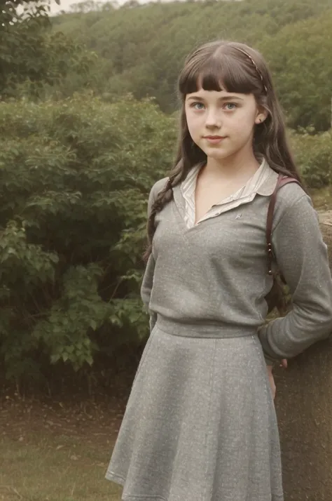 Countryside England, 1940. ((((16-year-old)) Susan Pevensie)). ((((casual girl clothings from the 1940s)))), ((dark hairstyle of the 1940s))