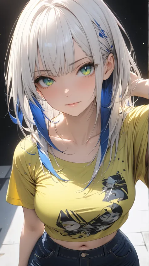 semi realistic, Masterpiece, Master work, perfect , 4k, 1woman, slender body, big size breast, straight shoulder-length hair, flat Bangs hair style, white colored hair, (((blue streaks - white hair))), bright green eyes, annoyed expression face, wearing ye...