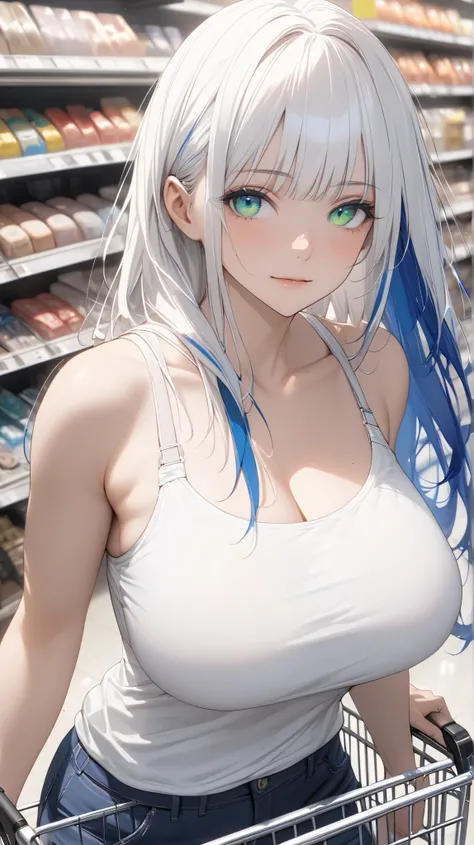 face details,semi realistic, Masterpiece, Master work, perfect , 4k, 1woman, adult woman, full body display mature body, big breast breasts, straight shoulder-length hair, flat bangs hair style, white hair, white colored hair , (((blue streaks - white hair...