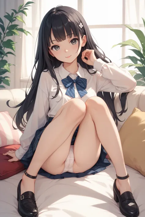 anime、[Put on your knees and open your legs in an M shape、 panties]、looking at the viewer、 white panties、Slim figure、２０age、 black hair long hair 、 Knee Length Skirt 、cute, clear eyes、