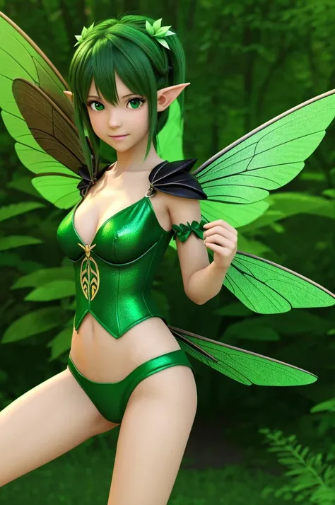 Anime girl in green and black costume on wings and green background, pixie character, fairy, forest fairy, insect trainer girl, brunette elf with fairy wings, pixie, cute 3d anime girl rendering, April rendering, fairy dance, open legs  