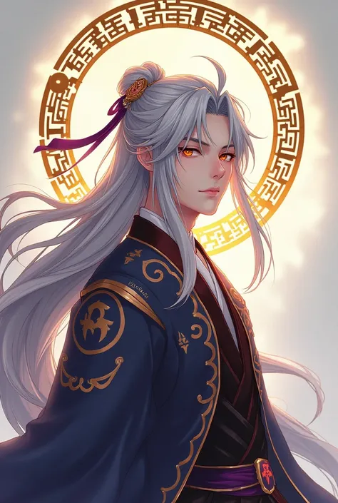 Full body image, handsome  protagonist xianxia,long silver hair,with scarce on face,handsome face((mature on range 20-25 yo))golden amber eyes ((make eyes like realityl)),calm and  cool aura ,at back head is god circle with immortal rune((the color is comb...