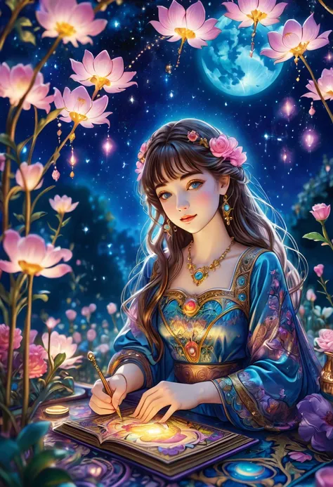  tarot cards, beautiful, a girl reading  tarot cards,Smiling girl,beautiful細部, detailed lips , tarot cards,Ancient Tarot Decks,illustrated  tarot cards, bright color, mystical atmosphere,Magic Garden,Flowers Bloom,moonlight,Night Sky,soft glow, artistic oi...