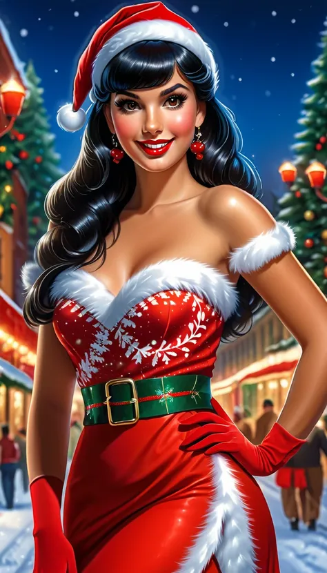 Best quality, realistic acrylic illustration in high definition, brazilian woman in vintage dressed style, straight black hair, bangs, beautiful face, red lips, looking to observer, ((wearing red and white santa claus fitted slit dress, brown tights)), smi...