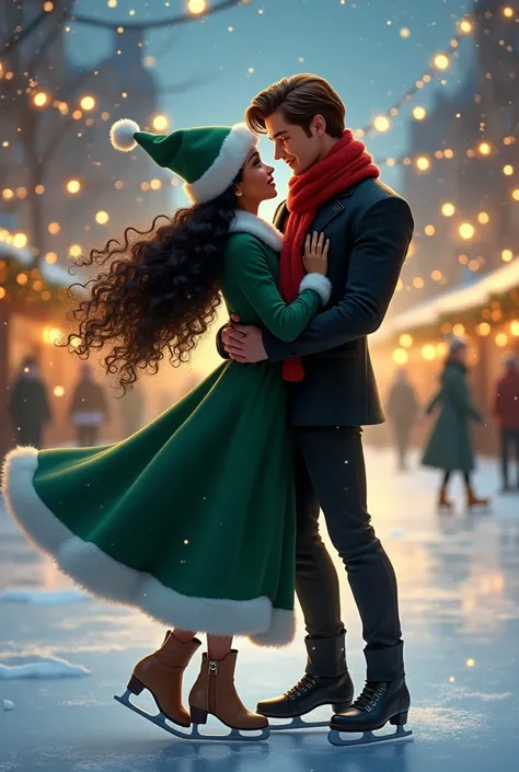 DISNEY DISNEY ART.
A magical DISNEY scene of love while they are skating in ice taking their hands. A gorgeous dark skin 18 yearold European woman with dark black LONG curly hair, COFFE MARRON eyes, dark olive skin, with freckless, smiling, wearing an eleg...