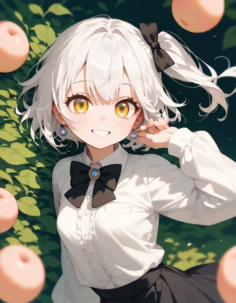  ,Long white hair, small breasts,timid, in yellow eyes,cute, White Peach Long Sleeve Shirt,Black skirt,Side ponytail, Smiling a little ,cuteที่สุด,Short hair,Black bow tie 