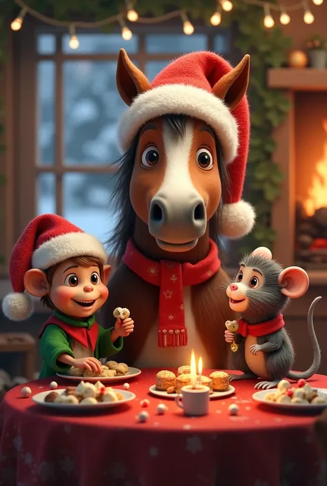 Je souhaire un cheval fêtant noël aveç un singe et un rat autour dune table